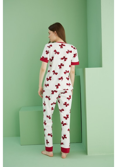 Siyah İnci Pamuklu Bisiklet Yaka Örme Pijama Takım25117067 Ekru