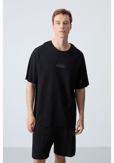 Tommy Life Siyah Pamuklu Kalın Yumuşak Dokulu Oversize Fit Basic Erkek Şort Takım - 85259