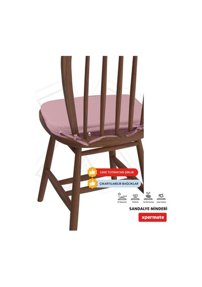 2'li Sandalye Minderi Seti Oval 42x42x5 Cm Standart Fit, Fermuarlı Yıkanabilir Kılıf, Bağcıklı Kaymaz, Leke Tutmaz Oturma Minderi Kiremit Pembe Çok Renkli