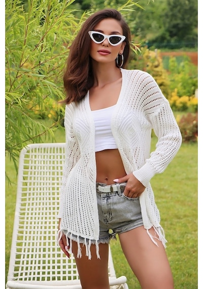 Aqe Fashion Motif Detaylı Eteği Püsküllü Hırka Beyaz Beyaz
