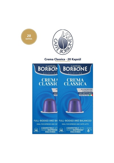 Caffe Borbone Crema Classica 20 Kapsül 2x10 Nespresso Uyumlu Alüminyum Kapsül Kahve Tett 07/2027