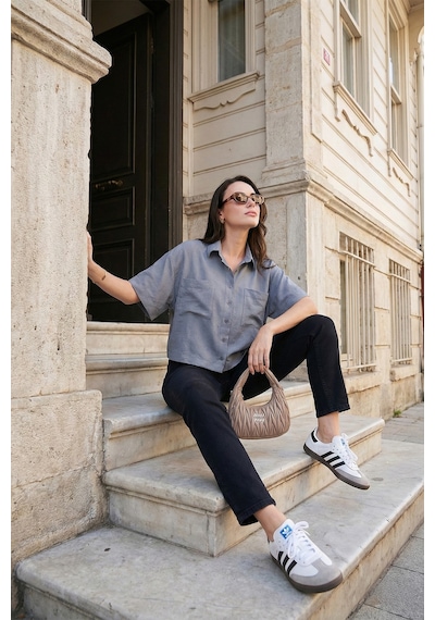 Lela Regular Fit Cep Detaylı Kısa Kollu Bayan Gömlek 6778568 Gri