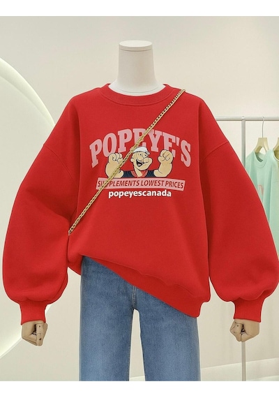 Benroma 3 İplik Penye Popeyes Baskılı Unisex Sweatshırt Kırmızı