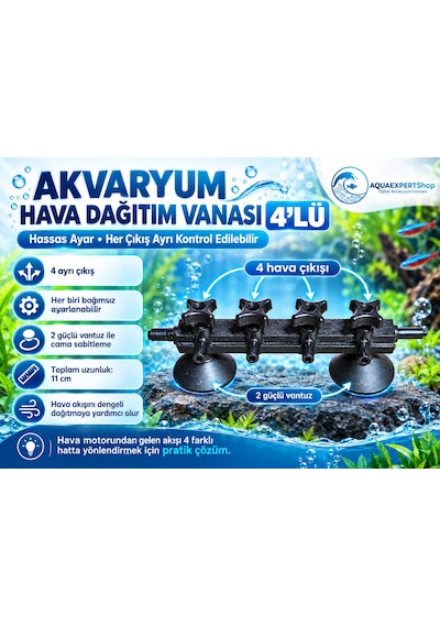 Akvaryum Hava Dağıtım Vanası 4'lü Hassas Hava Ayarı Bağımsız Çıkış Kontrolü Çift Vantuzlu 11 Cm