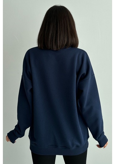 Kadın Lacivert Bisiklet Yaka Oversize Sweatshirt Lacivert