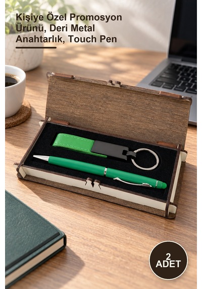 2 Adet Ahşap Kutulu Yeşil Anahtarlık Ve Kalem Seti Kişiye Özel Promosyon Ürünü, Deri Metal Anahtarlık, Touch Pen