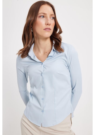 Tudors Kadın Slim Fit Dar Kesim Klasik Yaka Uzun Kollu Mavi Gömlek-42292 Mavi