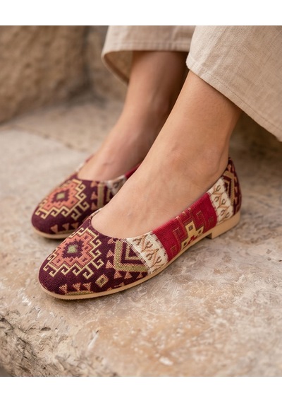 Futsishoes Vıttorıa Hakiki Deri Etnik Desenli Kadın Bordo Kilim Desenli Babet