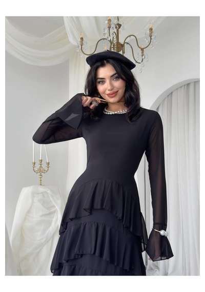 Nils Butik Katlı Şifon Detaylı Uzun Abiye Elbise Siyah