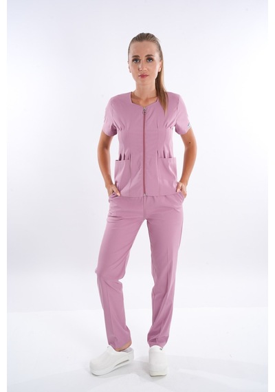 Pudra Lily Model Fermuarlı Soft Likra Doktor Hemşire Üniforma 001