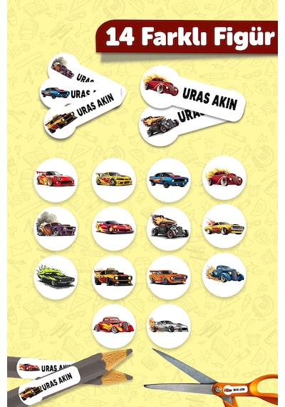 Okul Etiketi Kalem Defter İsimli Etiket Isim Yazılabilen Hot Wheels - 190 Adet Özel Tasarım Etiket Çok Renkli