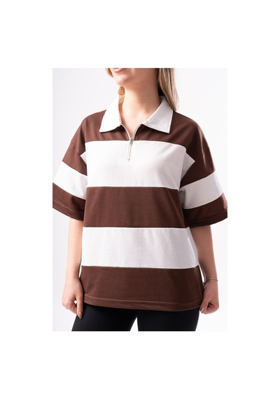 Kadın Polo Yaka Çizgili Oversize T-shirt 001