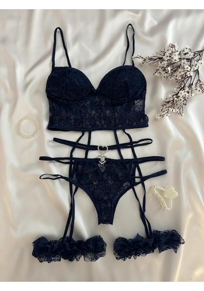 Mh Moony Homewears Sweden Taş Detaylı Lacivert Jartiyer Set Lacivert