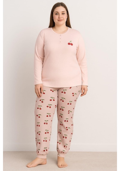 Pemilo Kadın 0268 Büyük Beden Raporlu Pijama Takımı Vizon Vizon