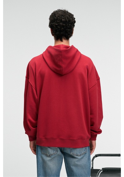Grimelange CLAY Erkek %100 Pamuk Kapüşonlu Çıtçıtlı Baskılı Cebi Süs Etiketli Kırmızı Sweatshirt