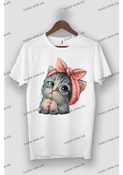 Startmore Beyaz Unisex Sevimli Minik Kedi Baskılı Pamuk Bisiklet Yaka Boyfriend Örme Oversize Beyaz