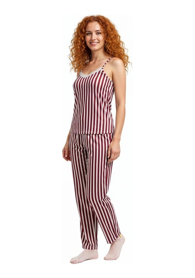 Altı Uzun İp Askılı Yumuşak Bordo Çizgili Pijama Takımı Bej
