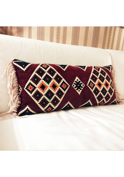 3 Lü Bordo Kilim Desenli Püsküllü İç Dolgulu Dekoratif Kırlent Seti Etnik Bohem Salon Koltuk Yastığı Bordo