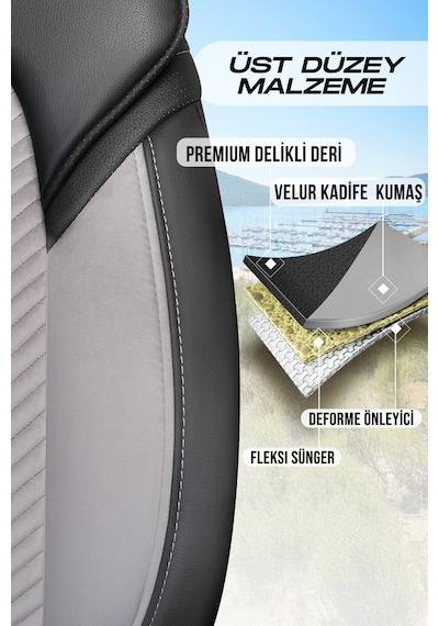 Gri - Siyah Panda Monte Carlo Serisi Velor Kadife Kumaş Oto Koltuk Kılıfı - Tam Set