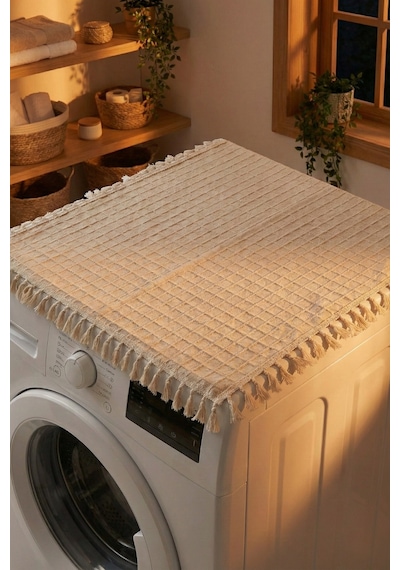 Vintage Püsküllü Çamaşır Makinesi Örtüsü - Çeyizlik Buldan Bezi Dekoratif Banyo Makine Kılıfı Bej