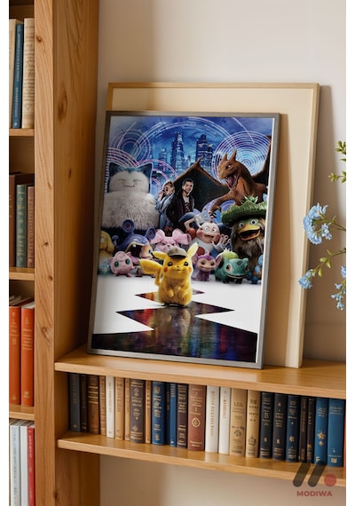 Pokemon Dedektif Pikachu Poster, Siyah Çerçeveli Duvar Tablosu - Anime Severlere Özel Hediye