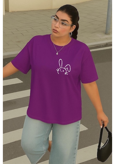Büyük Beden Tavşan Baskılı Unisex Tişört Mor