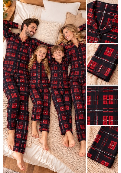 Free Beka Ekose Desenli Kırmızı Uzun Kollu Önden Düğmeli Gömlek Yaka Aile Pijama Takımı Kombini Lacivert