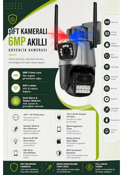 Wifi 2 Kameralı 6mp Akıllı Güvenlik Kamerası