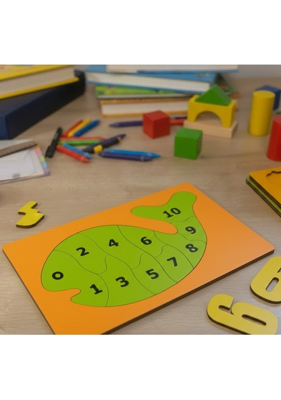 Eğitici Ahşap Balık Puzzle - 10 Parça Rakam Öğretici Oyuncak - Montessori Sayı Puzzle