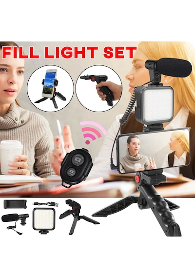 Profesyonel Vlogging Seti Video Kiti Tripod Mikrofon Led Işık Tel
