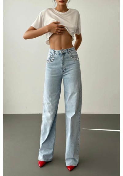 Lacarino 7984 Wide Leg Kadın Jean Pantolon Lıght Blue Taşlı