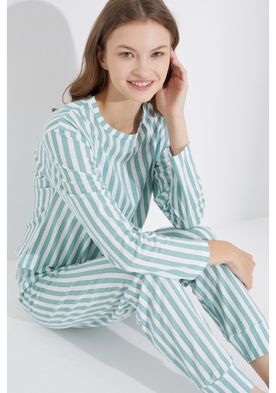 Siyah İnci Jogger Örme Pijama Takım 7703 Yeşil Beyaz