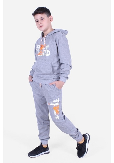 Fyk Kids Tide Yazı Baskıl Kanguru Cep Detaylı Erkek Çocuk Eşofman Takımı Gri