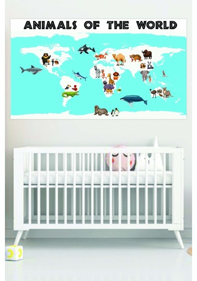 Hayvanlar Temalı Dünya Haritası Duvar Sticker 70x40 Cm