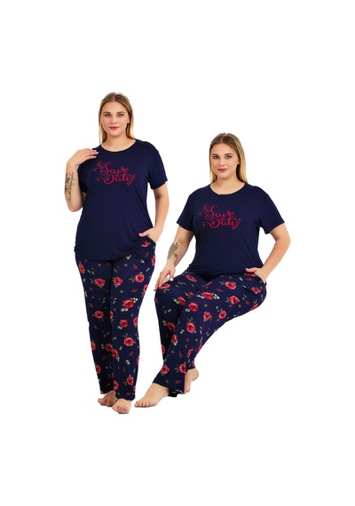Lady Lacivert Renk Ve Desenli 11025 Kısa Kollu Kadın Büyük Beden Anne Pijama Takımı Lacivert - Kırmızı