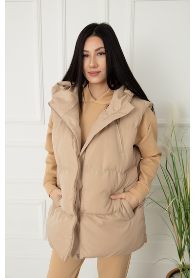 Pullımm Kadın Kapüşonlu Boyfriend Şişme Yelek 8155 Bej Bej