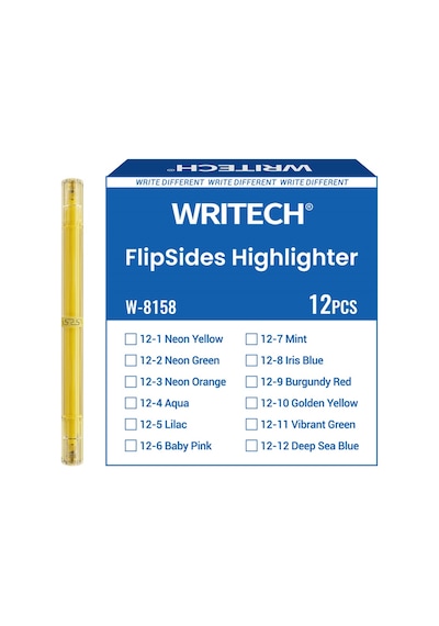 Wrıtech W-8158 Flıpsıde Fosforlu Kalem Çift Taraflı Altın Sarısı - 12'li Kutu Beyaz - Gümüş