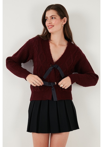 Lela Premium Regular Fit V Yaka Fiyonk Bağlama Detaylı Örgü Desenli Triko Bayan Hırka 680Kz1947 Bordo