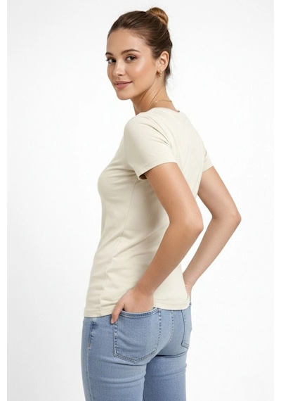 Wear Vexel Kadın T-shirt V Yaka Slim Fit Likralı Tişört Yazlık Basic Body - Taş Taş