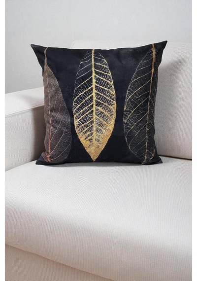 Altın Yaprak Desenli Siyah Dijital Baskılı Kırlent Kılıfı - 40x40 Cm Ekru