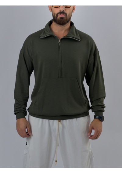 Cocopelli Fermuarlı Polo Yaka Haki Erkek Sweatshirt Coc3522