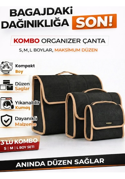 Oto Bagaj Organizer Bagaj Çantası 3'lü Kombo Kaymaz Cırt Bantlı Velur Kompakt - Siyah Bej