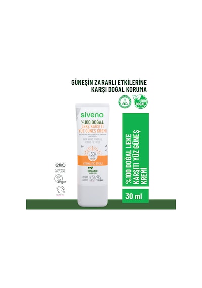 Siveno %100 Doğal Yüz Güneş Kremi Leke Karşıtı Aydınlatıcı Çinko Mineral Filtre UVA UVB SPF 50+ 30 ML