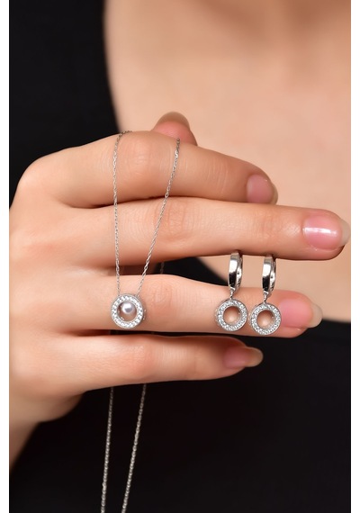 Papatya Silver 925 Ayar Gümüş Rodyum Kaplama Incılı Yuvarlak Kolye ve Küpe Set