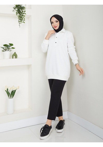 Raika Moda Kapşonlu 3 İplik Büyük Beden Tesettür Sweatshirt Ekru