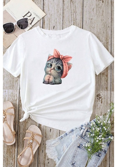 Unisex Sevimli Kedi Baskılı Tasarım T-shirt Beyaz