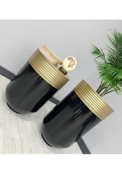 Elegant Dekoratif Eskitme Darbuka Parlak Siyah Saksı 70cm + Sehpa 60cm İkili Set