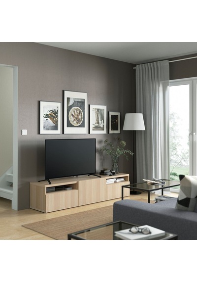Tv Sehpası, Ağartılmış Meşe Görünümlü, 180x42x39 Cm, Lappvıken, Fren Raylı Meşe Tv Sehpası, Ağartılmış Meşe Görünümlü, 180x42x39 Cm, Lappvıken, Fren Raylı Meşe