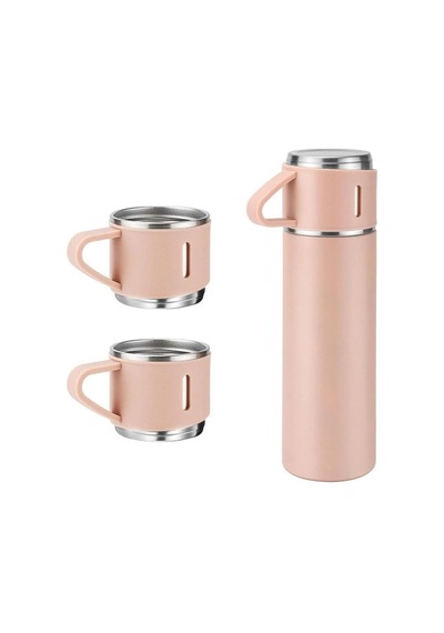6006 Kupa Bardaklı Paslanmaz Çelik Termos Seti 500 Ml - Pembe Çok Renkli
