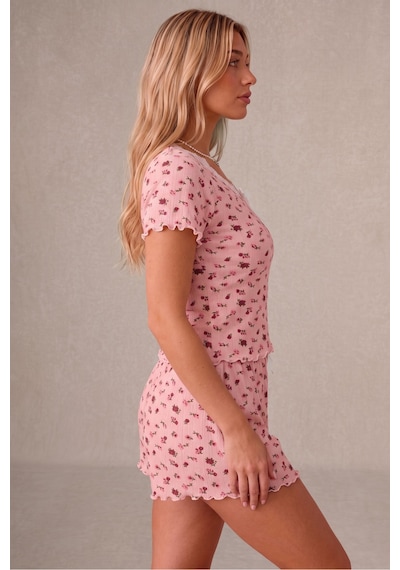 Bella Notte Çiçekli Dantel Kare Yakalı Örme Kısa Kollu Şort Pijama Takımı Pembe